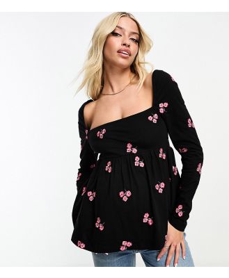ASOS DESIGN Maternity square neck top with red floral embroidery in black