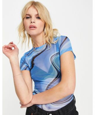 ASOS DESIGN mesh short sleeve bodysuit in blue marble print-Black