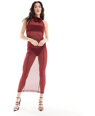ASOS DESIGN mesh sleeveless maxi dress with corsage in oxblood-Red