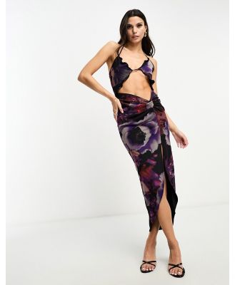 ASOS DESIGN micro ruffle detail halter midi skirt dress in large scale floral print-Multi