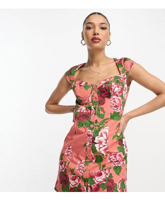 ASOS DESIGN mini button through twill dress with cup detail in bloom floral print-Multi