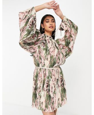 ASOS DESIGN mini plisse dress with blouson sleeve and tie detail in romantic floral print-Multi