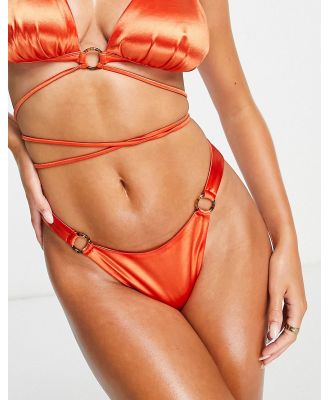 ASOS DESIGN mirror satin ring detail high leg hipster bikini bottoms in burnt orange