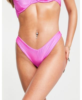ASOS DESIGN mix and match mirror satin rib v front high leg hipster bikini bottoms in bright pink