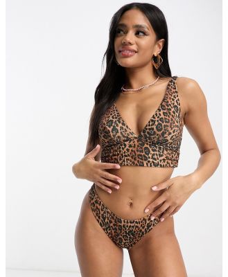 ASOS DESIGN mix and match rib deep band side ruched crop bikini top in leopard print-Multi