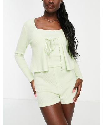 ASOS DESIGN mix & match brushed rib tie front long sleeve pyjama top in lime-Green
