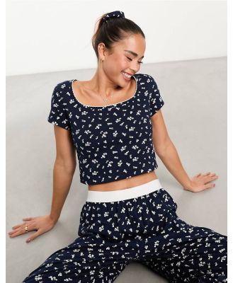 ASOS DESIGN mix & match ditsy print fitted pyjama tee with picot trim and scrunchie in navy