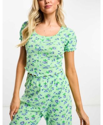 ASOS DESIGN mix & match floral pointelle button through pyjama top in green