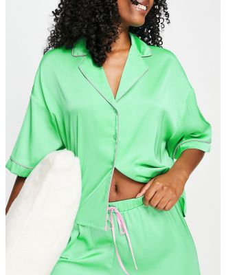 ASOS DESIGN mix & match satin pyjama shirt with contrast piping in green