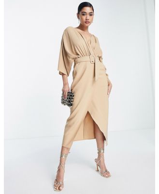 ASOS DESIGN mixed fabric belted wrap skirt midi dress in camel-Neutral
