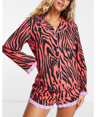 ASOS DESIGN modal tiger shirt & shorts pyjama set with contrast frill in red & lilac