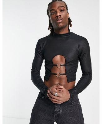 ASOS DESIGN muscle crop long sleeve t-shirt in black faux leather with turtle neck and buckle detail