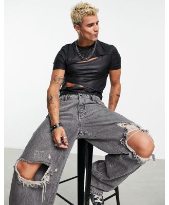 ASOS DESIGN muscle crop t-shirt in black faux leather with front cut outs