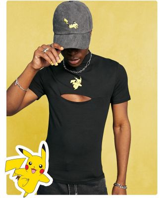 ASOS DESIGN muscle fit cropped t-shirt with cut out and Pokemon prints in black