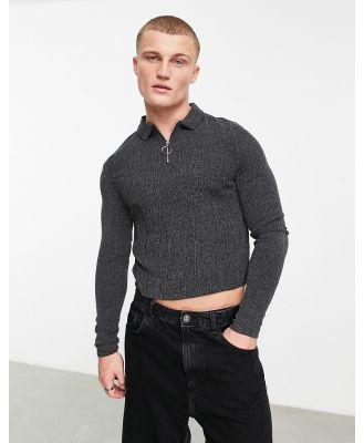 ASOS DESIGN muscle fit long sleeve polo t-shirt in black texture with contrast stitch