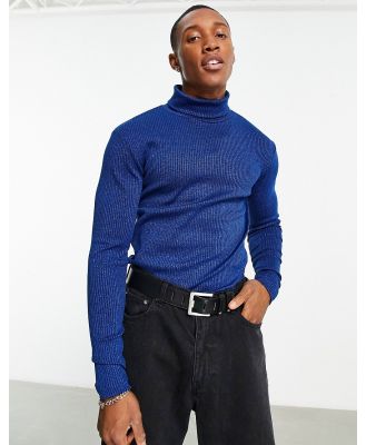 ASOS DESIGN muscle fit long sleeve t-shirt in blue metallic rib with roll neck