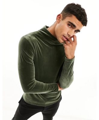 ASOS DESIGN muscle fit long sleeve t-shirt in velour with turtle neck in khaki-No colour