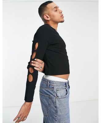 ASOS DESIGN muscle long sleeve t-shirt in black texture with sleeve cut outs