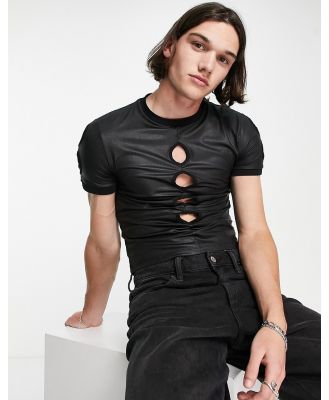 ASOS DESIGN muscle t-shirt in black faux leather with cut outs