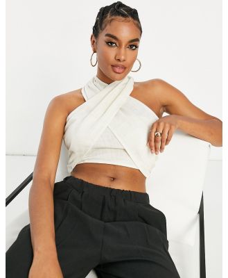 ASOS DESIGN natural crinkle halter top with shirred waist in oat-Neutral