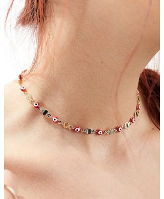 ASOS DESIGN necklace with red eye bead and hammered disk design in gold tone