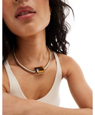 ASOS DESIGN necklace with snake chain detail and real semi precious tiger's eye stone in gold tone
