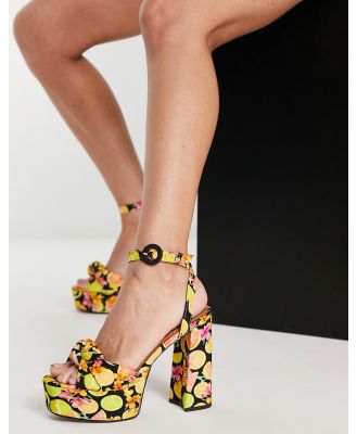 ASOS DESIGN Note knotted platform heeled sandals in fruit print-Multi