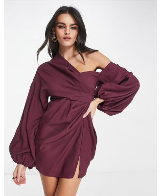 ASOS DESIGN off shoulder drape mini dress with balloon sleeve in wine-Red
