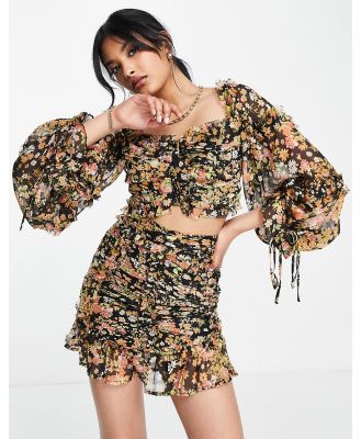 ASOS DESIGN off shoulder long sleeve top with ruffle detail in dark floral (part of a set)-Multi