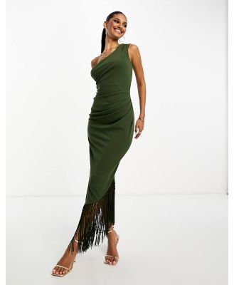 ASOS DESIGN one shoulder draped fringe trim midi dress in dark green-Copper