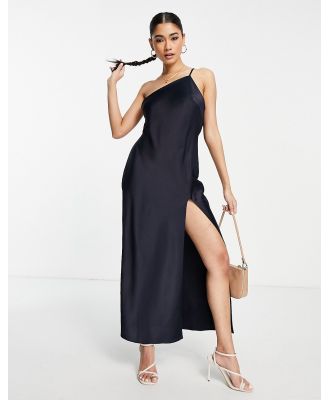 ASOS DESIGN one shoulder midaxi dress in satin with drape back in navy