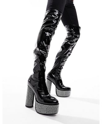 ASOS DESIGN over the knee heeled boots in black patent faux leather with diamante details