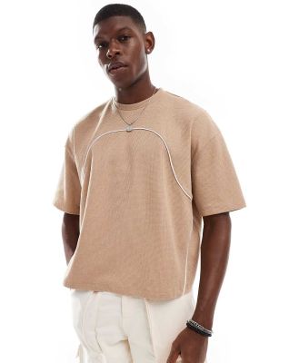 ASOS DESIGN oversized boxy t-shirt in waffle with piping in beige-Neutral