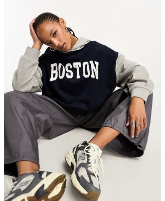 ASOS DESIGN oversized colourblock hoodie with boston graphic in grey marl and navy-Multi