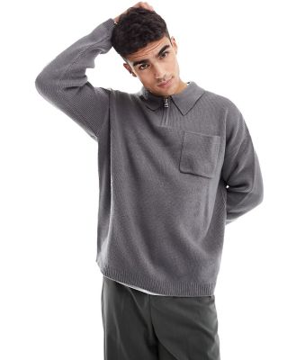ASOS DESIGN oversized compact knit smart half zip jumper in charcoal-Grey