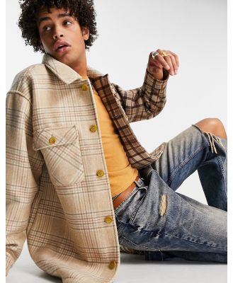 ASOS DESIGN oversized cut & sew check wool mix shacket in beige-Neutral