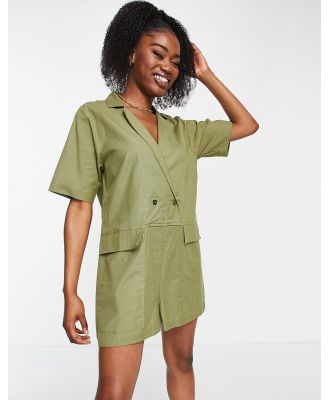 ASOS DESIGN oversized double breasted romper in khaki-White