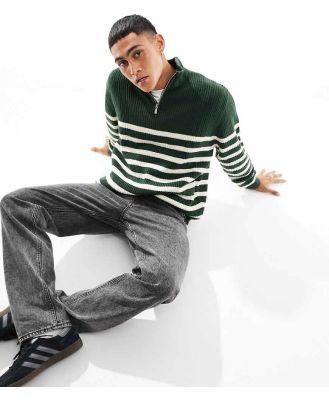 ASOS DESIGN oversized knitted fisherman rib 1/4 jumper in green and white stripe