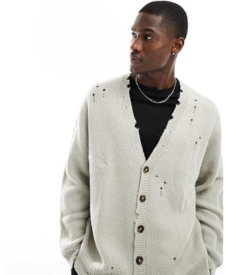 ASOS DESIGN oversized knitted plush cardigan with nibbling in stone-Neutral