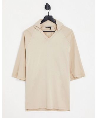 ASOS DESIGN oversized polo with rib sleeves and pique collar in beige-Neutral