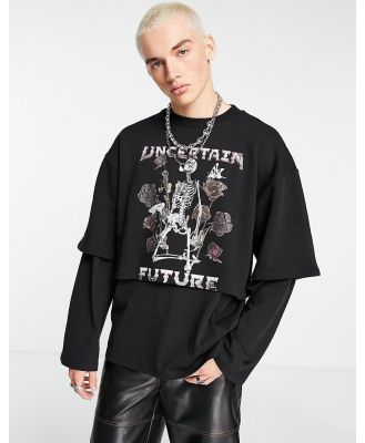 ASOS DESIGN oversized sweatshirt in black with double layer and skeleton print