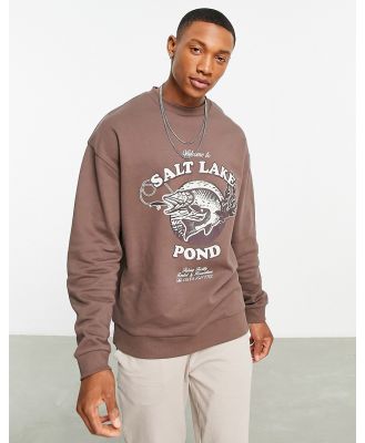 ASOS DESIGN oversized sweatshirt in brown with fishing print-Black