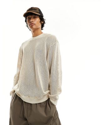 ASOS DESIGN oversized sweatshirt in washed open net in ecru-White