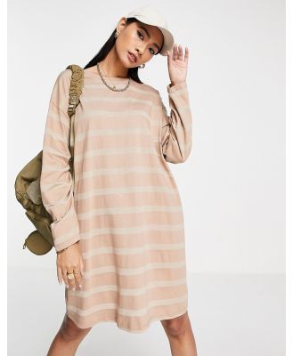 ASOS DESIGN oversized T-shirt dress in tonal taupe stripe-Brown