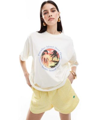 ASOS DESIGN oversized t-shirt with paradise island beer drink graphic in cream-White