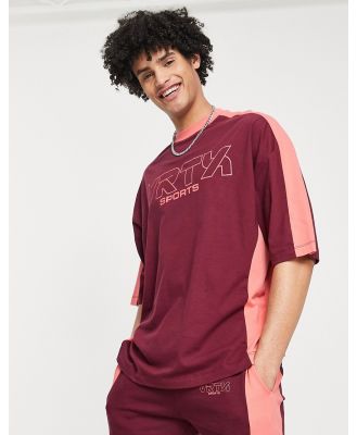 ASOS DESIGN oversized t-shirt with varsity print in burgundy and pink colour block (part of a set)-Red