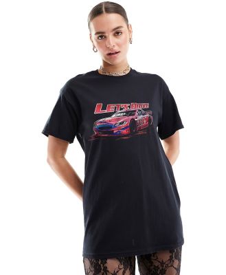 ASOS DESIGN oversized tee with racing car graphic in black-White