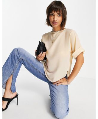 ASOS DESIGN oversized woven tee with roll sleeve in oyster-No colour