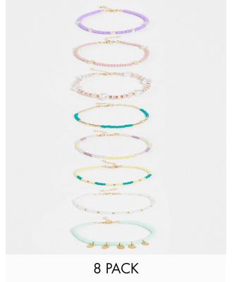 ASOS DESIGN pack of 8 anklets in mixed bead design-Multi