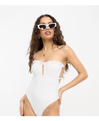ASOS DESIGN Petite bandeau frill swimsuit in white
